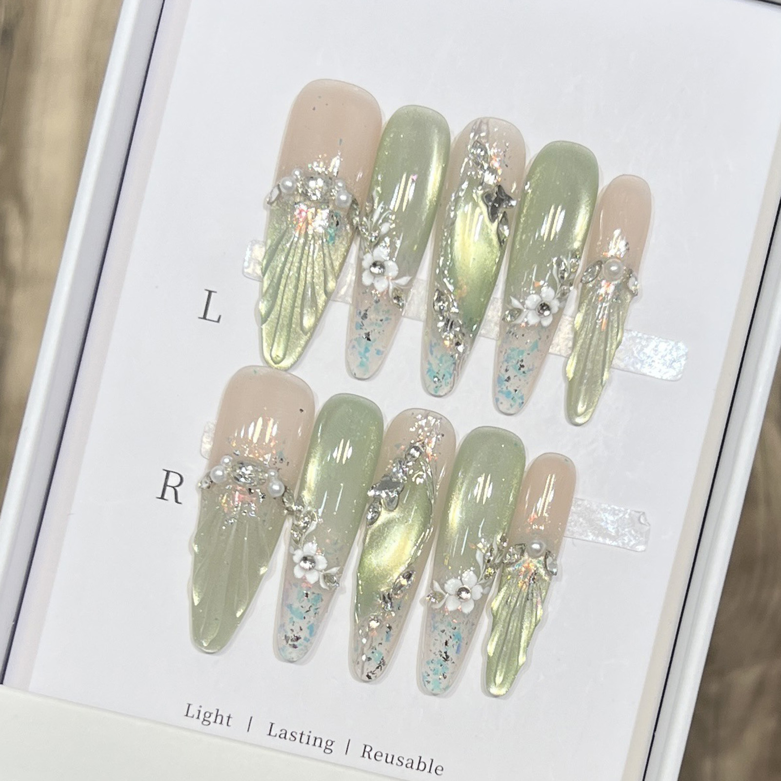 Pressed Flower Art - 10pcs Long Almond Fake Nails Tips