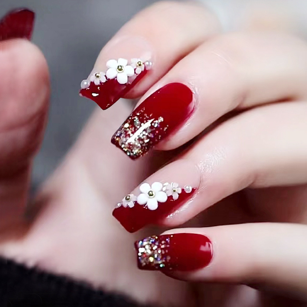 24pcs Glossy Red Press on Nail - Pressed Flower Art 评论和价格