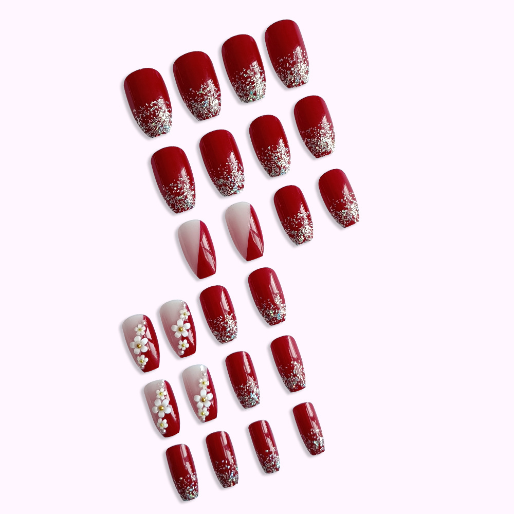 24pcs Glossy Red Press on Nail - Pressed Flower Art 评论和价格