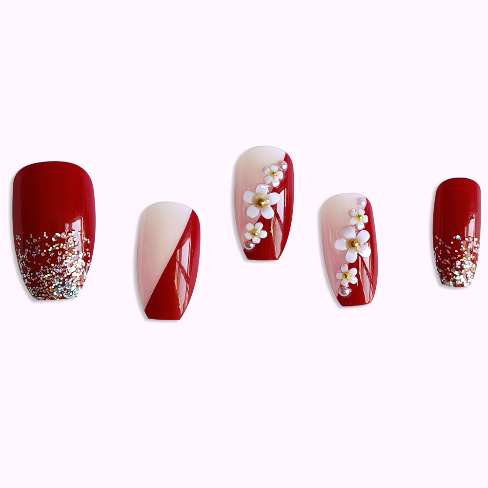 24pcs Glossy Red Press on Nail - Pressed Flower Art 评论和价格