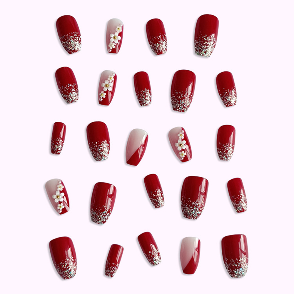 24pcs Glossy Red Press on Nail - Pressed Flower Art 评论和价格
